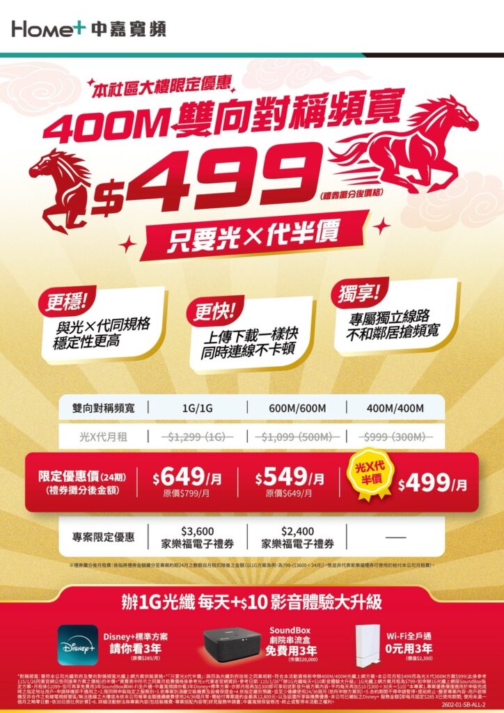 中嘉寬頻｜長德限定優惠！400M 雙向對稱光纖上網月付 $499 起，再享豪禮
